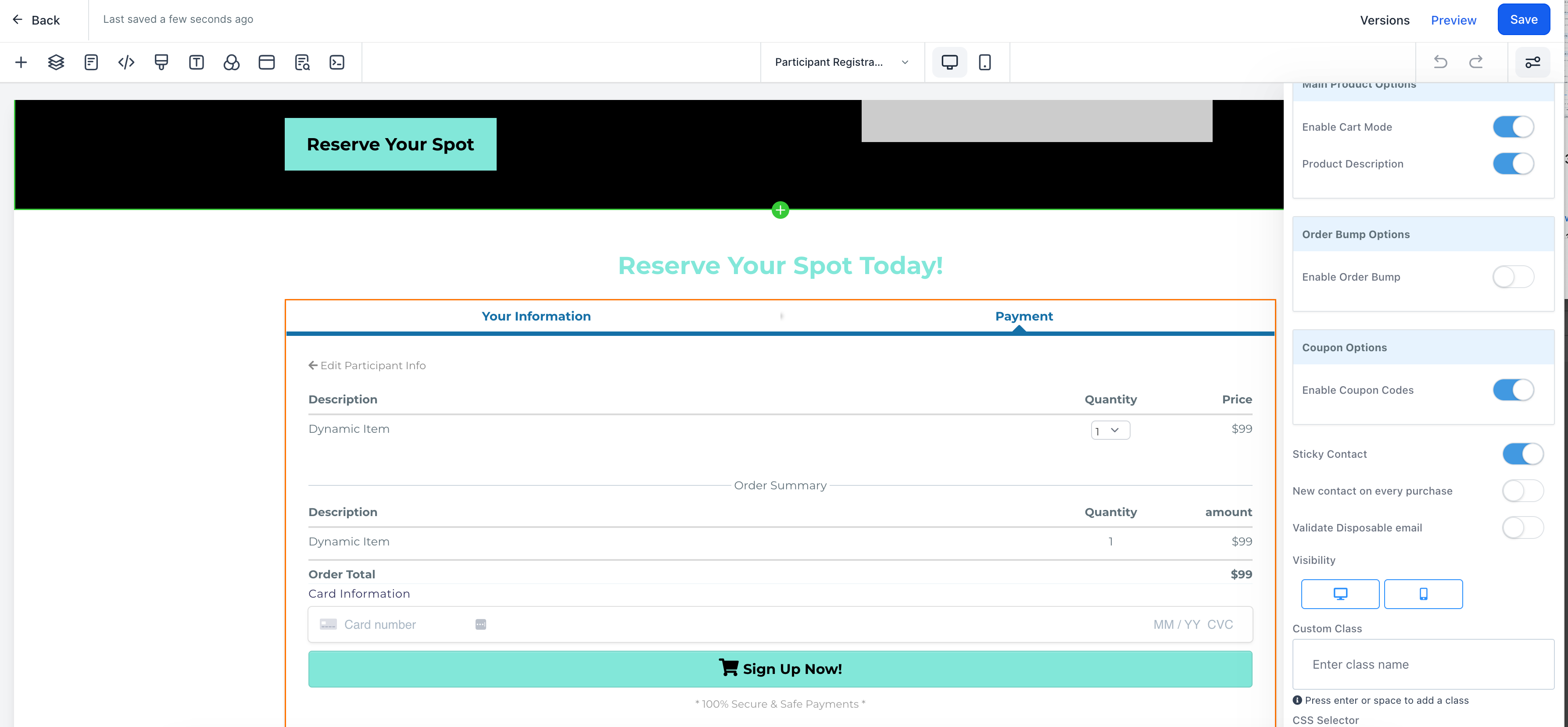If you are using a 2 Step Order Form go to Step #2. If you are using a 1 Step Order Form, scroll down in the Advanced tab. Locate the "Enable Coupon Code" toggle and turn it on.