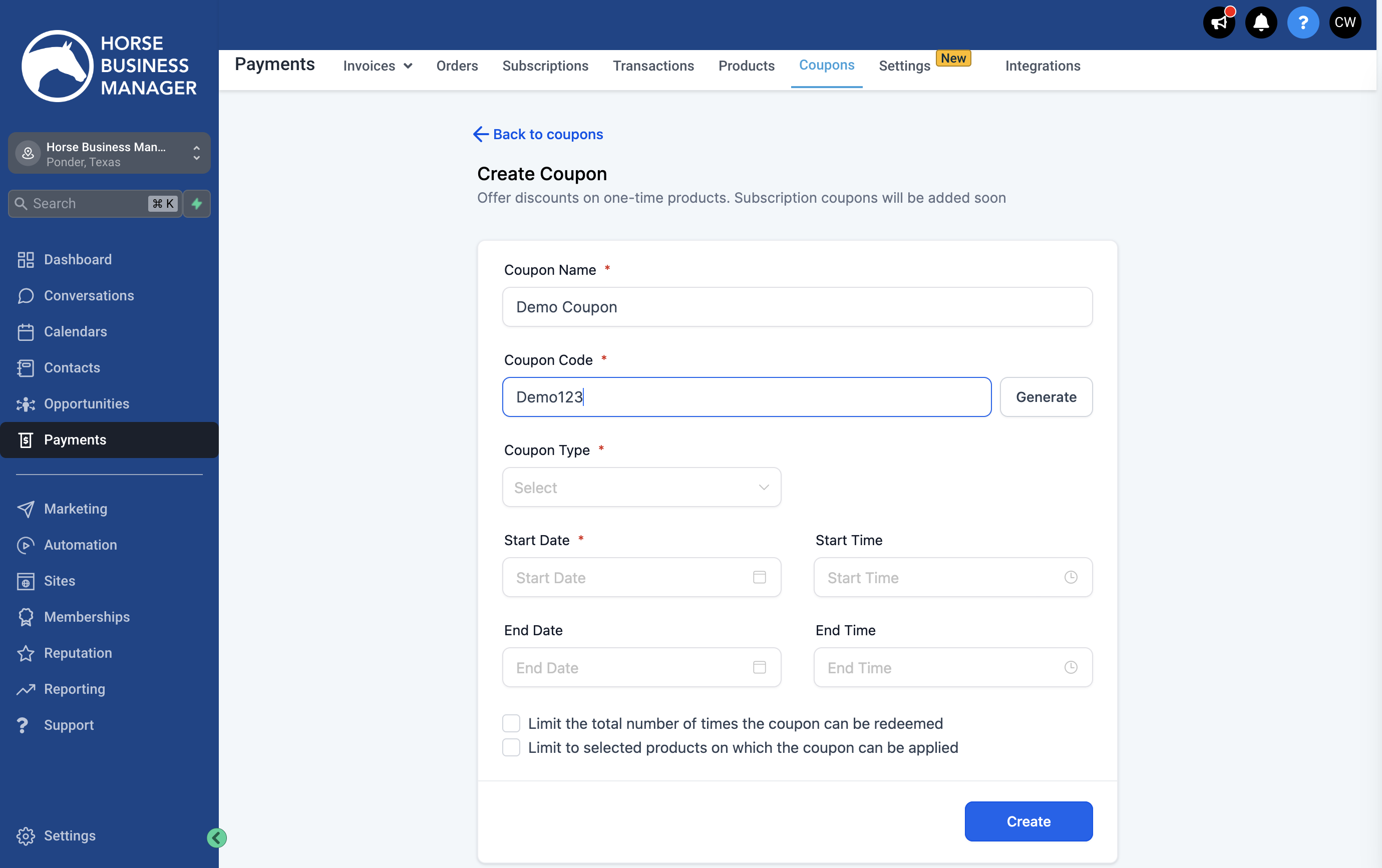 Add a Coupon Code (this is what your customers will type in to receive their discount)