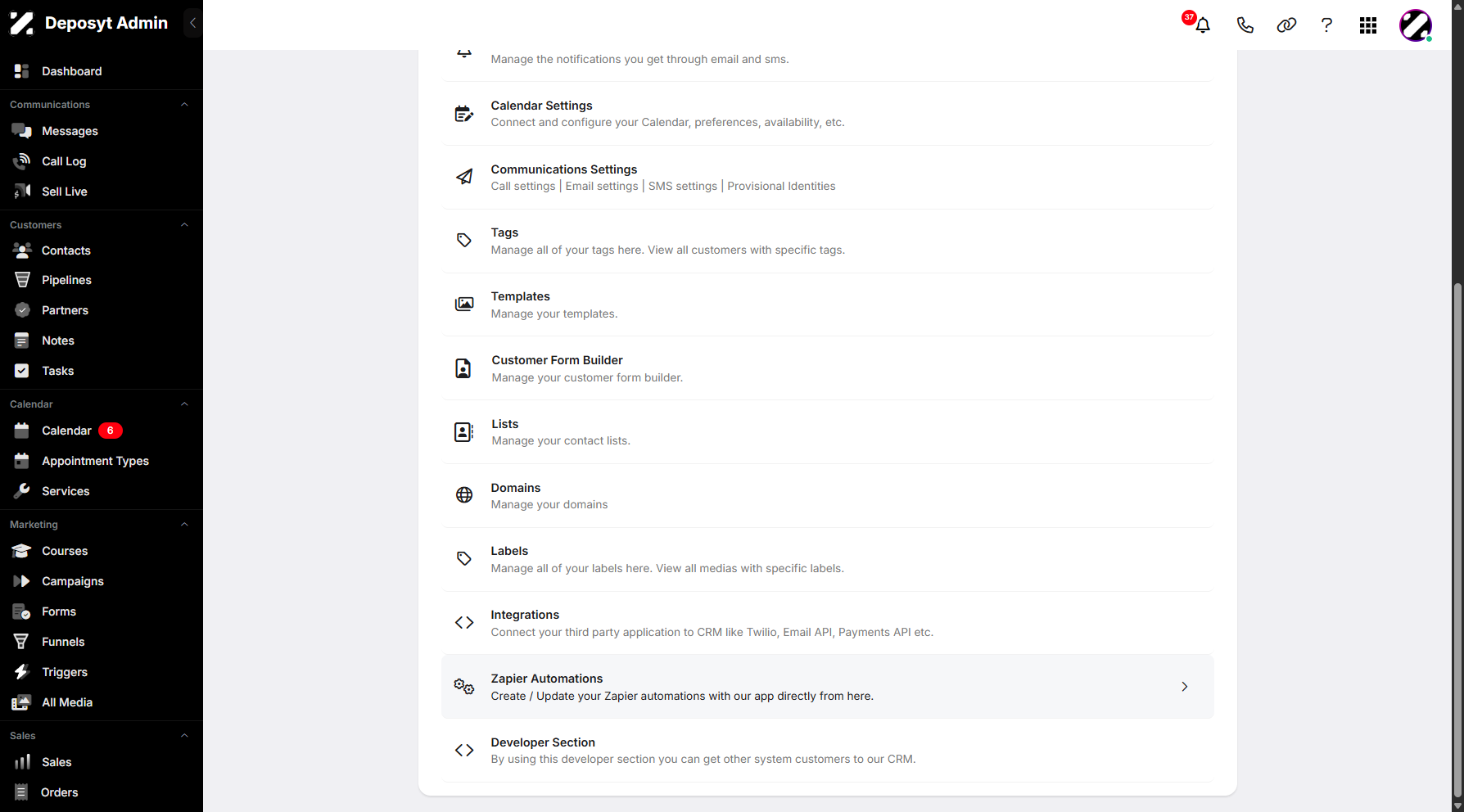 Step 3: You will then be taken to the Settings page. Scroll down and click on Zapier Automations to continue.