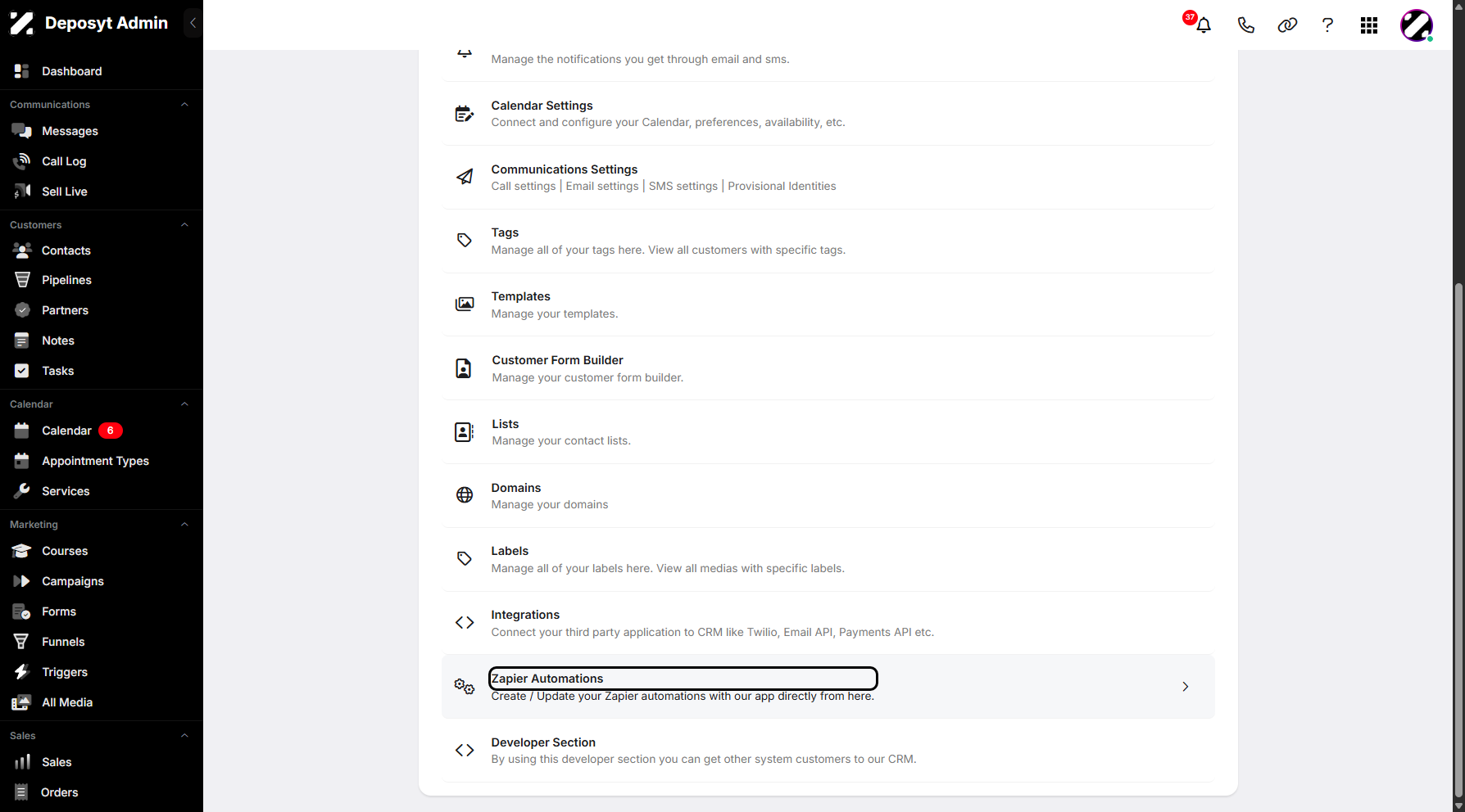 Step 3: You will then be taken to the Settings page. Scroll down and click on Zapier Automations to continue.