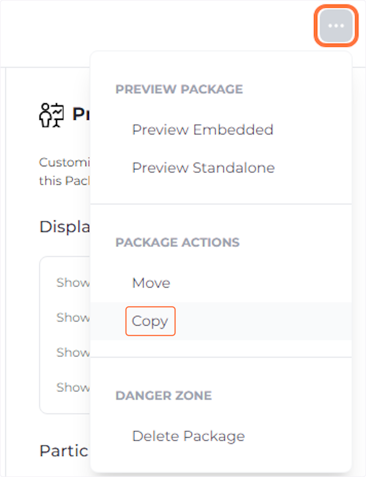 Open the 'Package Actions' menu and click 'Copy'.