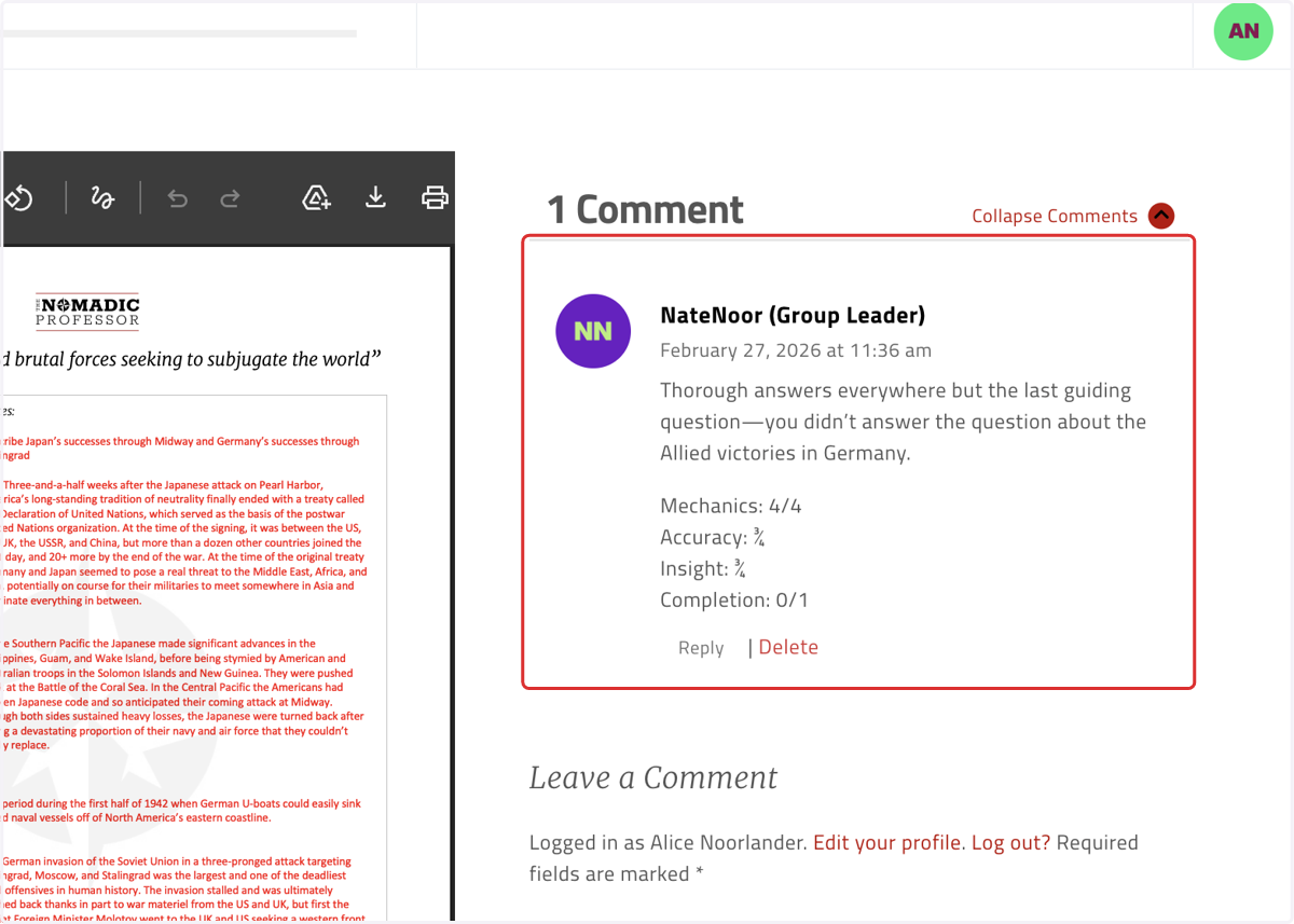 If your instructor has left comments or offered feedback based on the rubric criteria, those comments will show up here