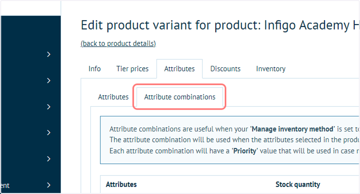 Click on Attribute combinations