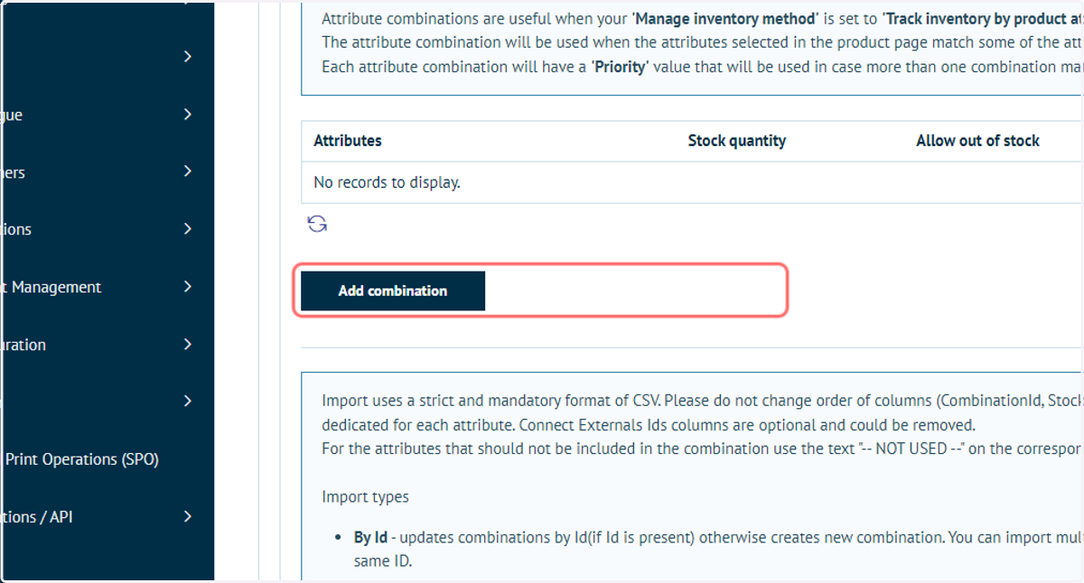 Add or select an existing Attribute Combination