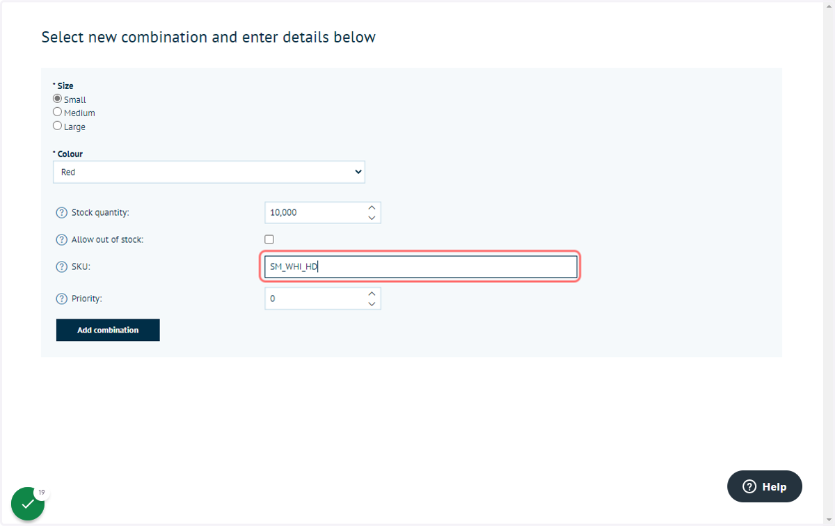 If adding a new Attribute Combination, complete the required inputs