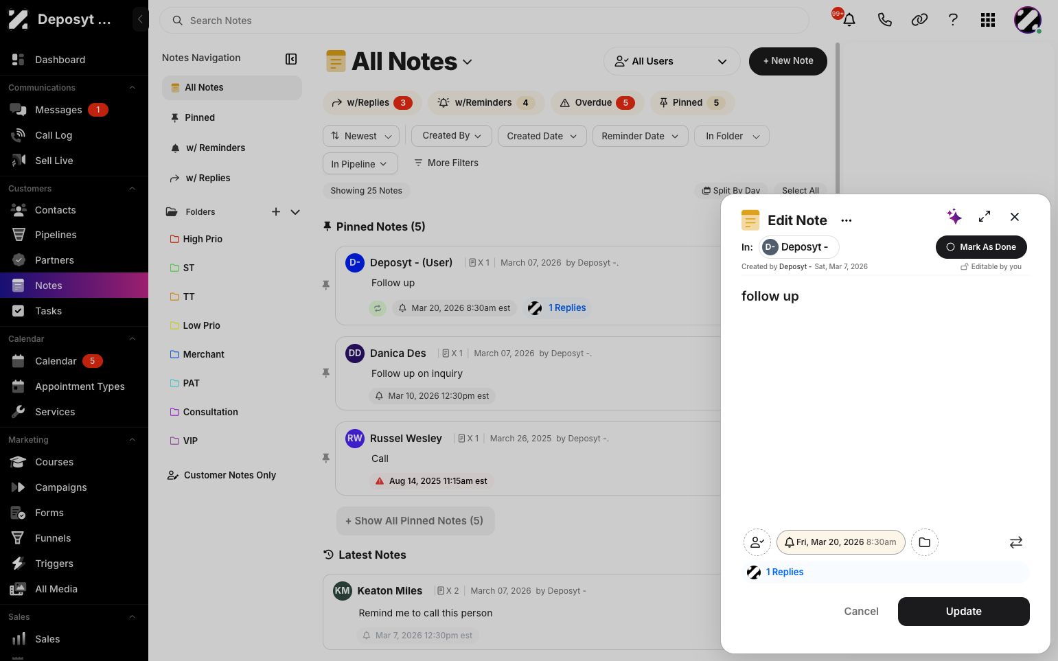 Step 3: A new pop-up will appear where you can edit the note. You can select a specific contact for the note or leave it as a general note for the logged-in user.