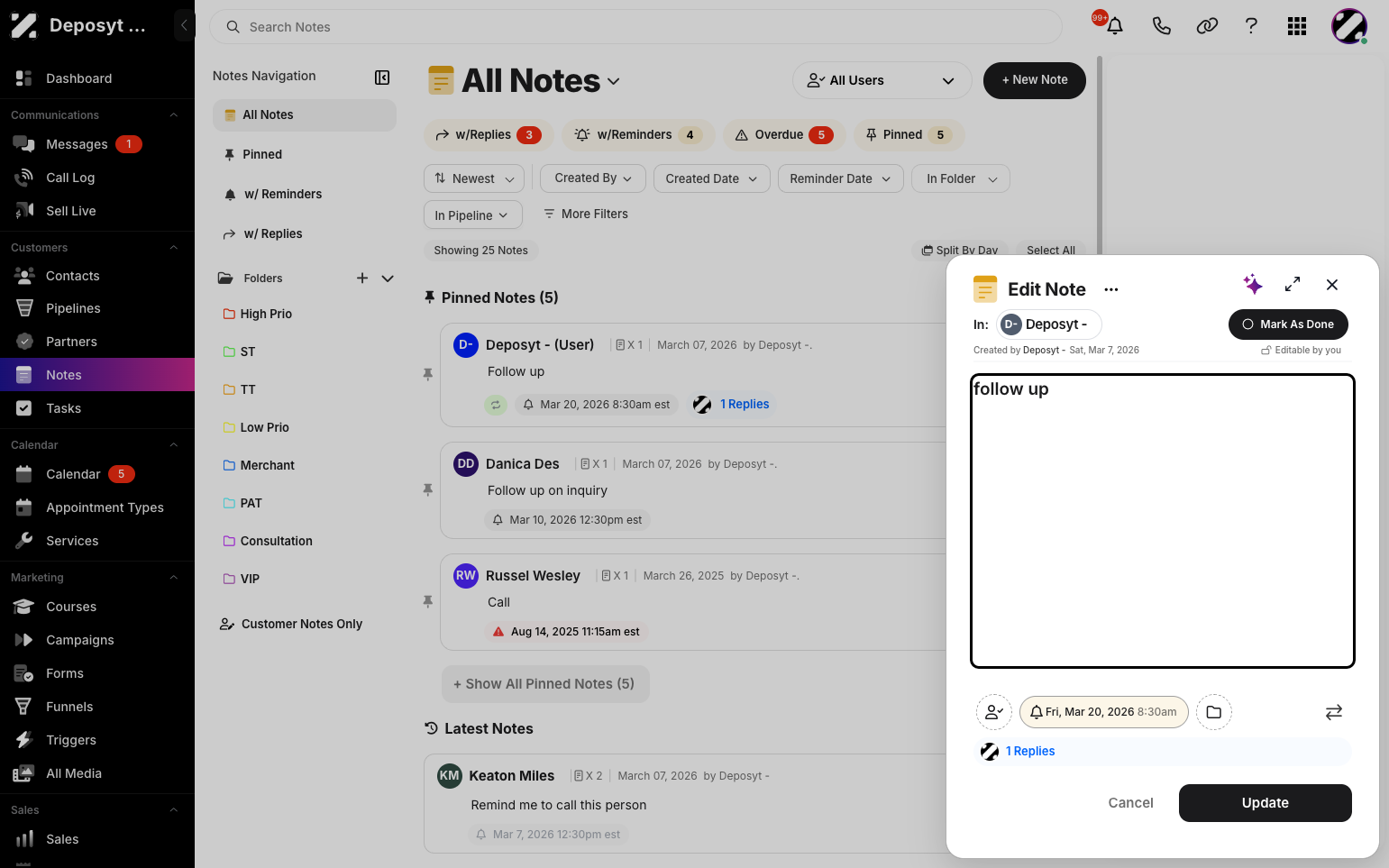 Step 3: A new pop-up will appear where you can edit the note. You can select a specific contact for the note or leave it as a general note for the logged-in user.