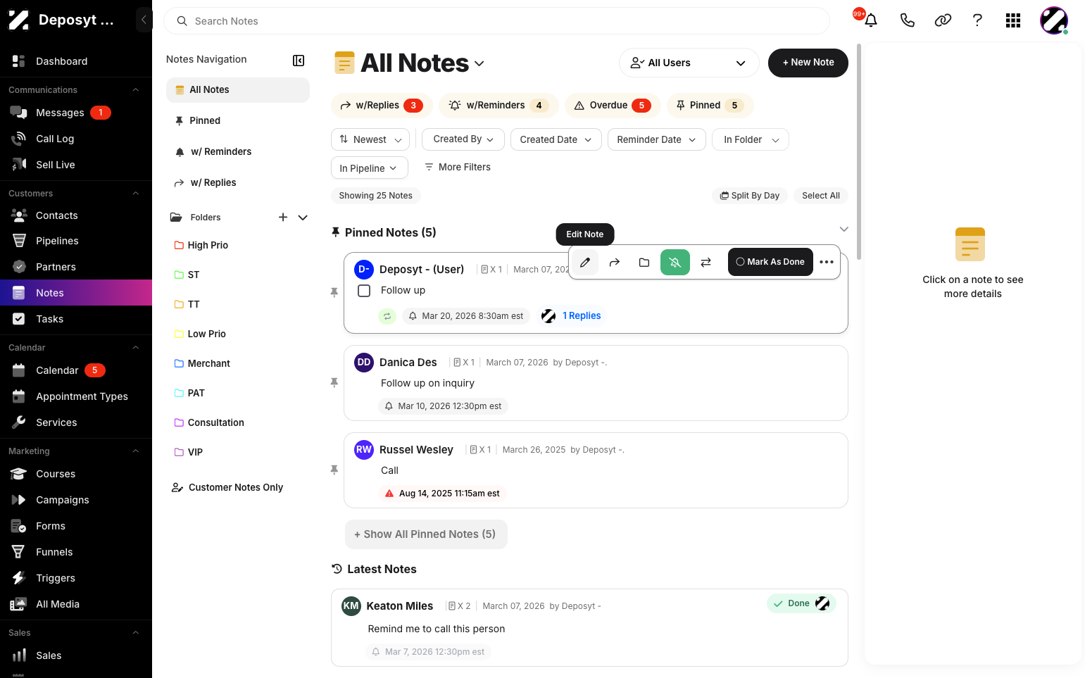 Step 2: In the Notes section, hover over the note you want to edit, and options will appear. Click the pencil icon to edit that note.