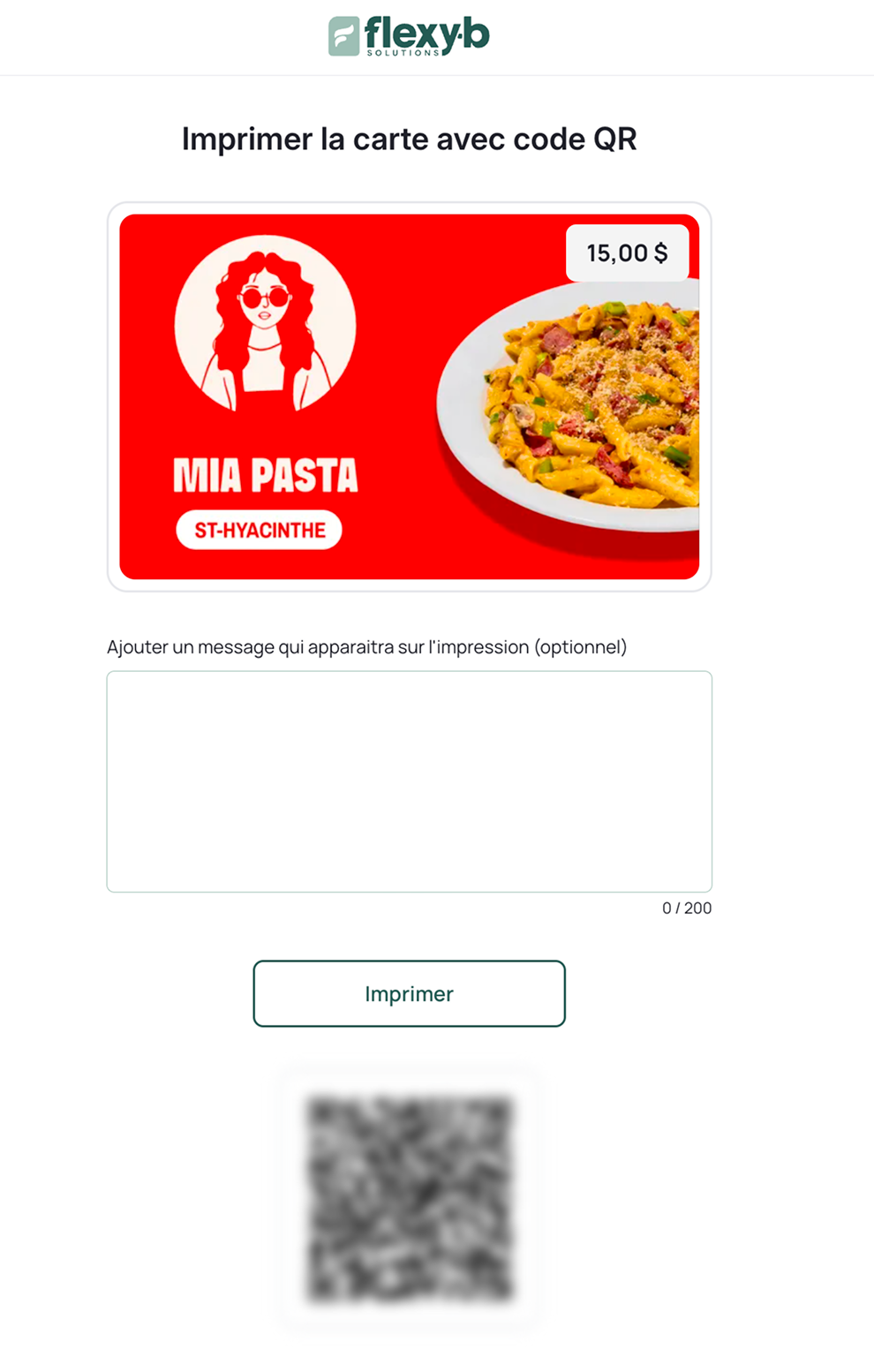 Si désirez, vous pouvez ajouter un message personnalisé à la carte. Il apparaîtra sur la page imprimée, avec de la carte et du code QR. Ensuite, cliquez sur "Imprimer" et sélectionnez votre imprimante.
