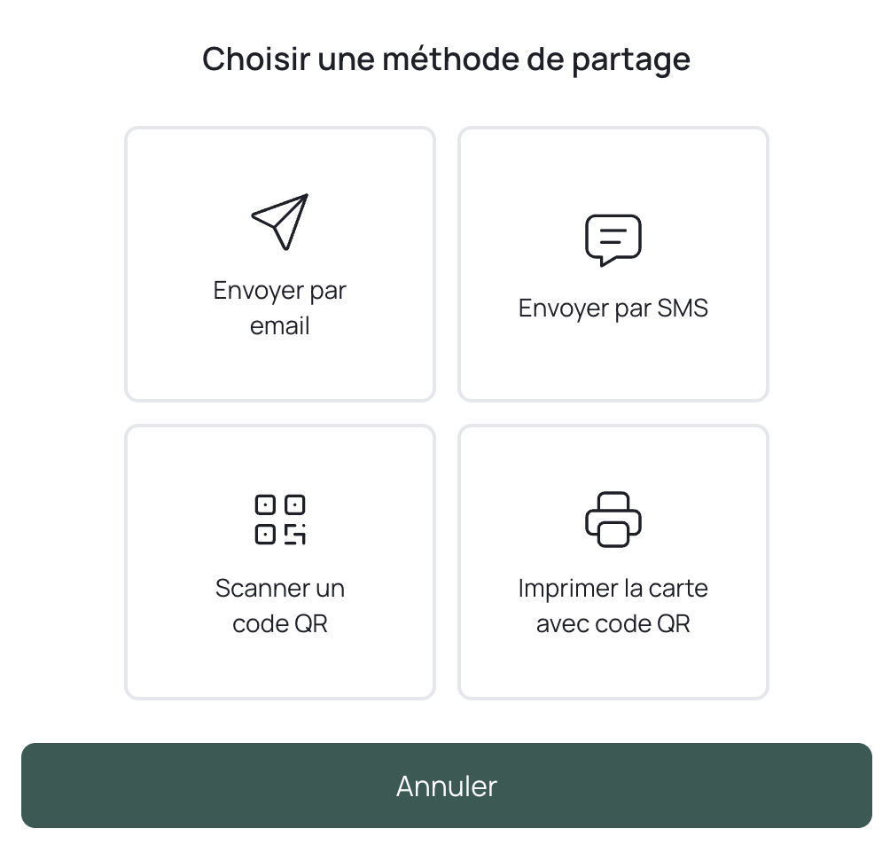 Pour envoyer une carte-cadeau, vous pouvez choisir parmi quatre options : par courriel, par SMS, par code QR ou en imprimant une carte-cadeau avec le code QR.