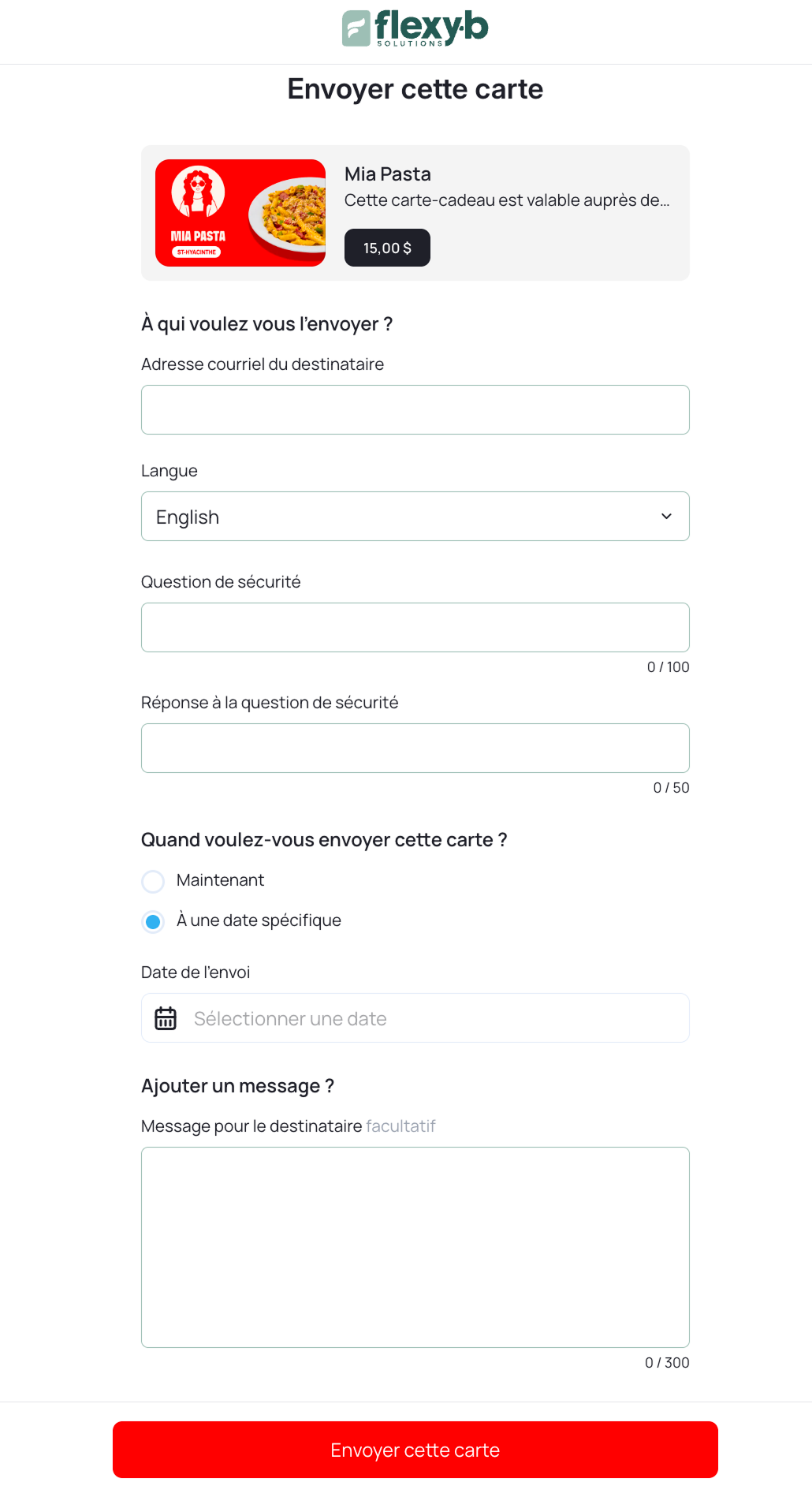 Remplissez les champs requis et cliquez sur "Envoyer cette carte"