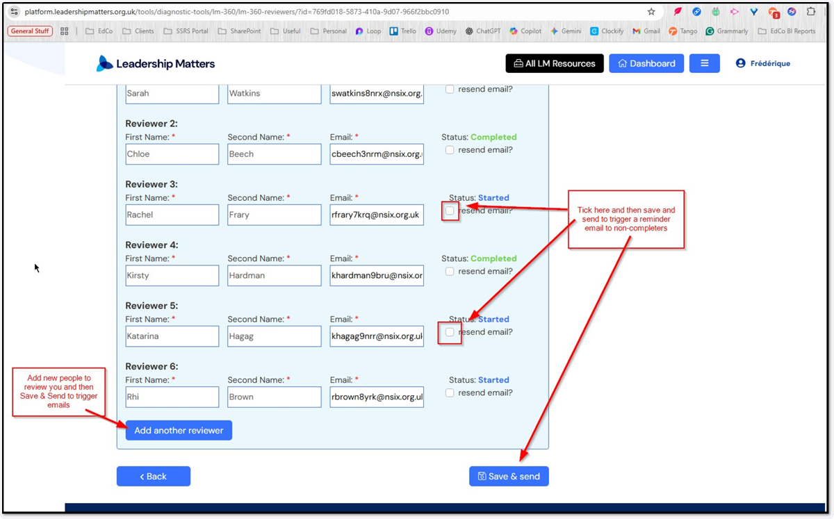 From here you can tick the option to resend the email to existing Reviewers or Add Another Reviewer Clicking Save & Send will trigger emails as required