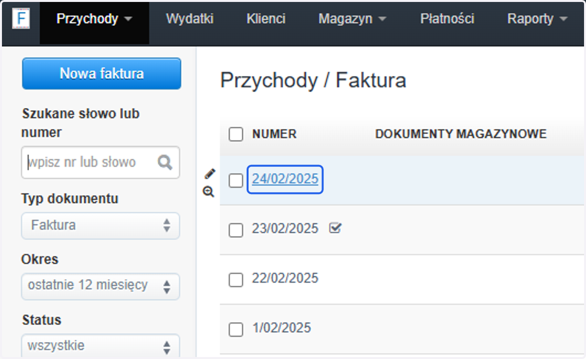 Na liście kliknij numer faktury, by przejść do jej podglądu i zweryfikować jak teraz podpisane są dane wystawcy i odbiorcy.