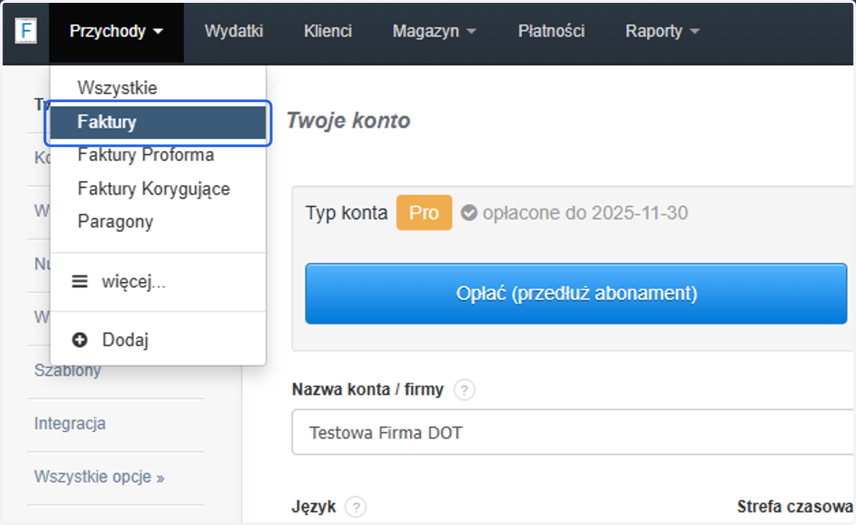 Następnie z listy wybierz 'Faktury'.
