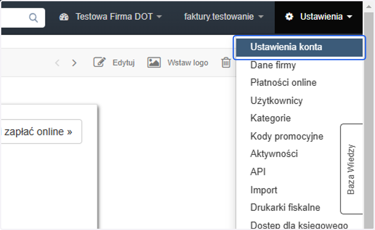 Następnie z listy wybierz 'Ustawienia konta'.