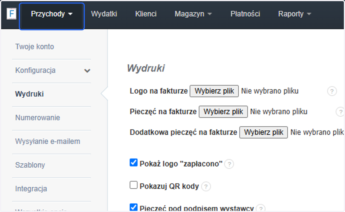 Teraz zweryfikujemy działanie kodu na fakturze, którą wcześniej wskazano jako domyślny przykład wyświetlania danych wystawcy/odbiorcy. W tym celu przejdź do zakładki 'Przychody'.