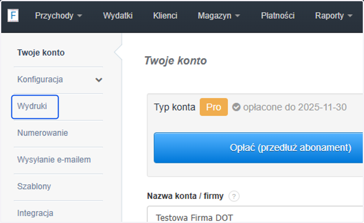 Z szarej belki po lewej stronie wybierz 'Wydruki'.