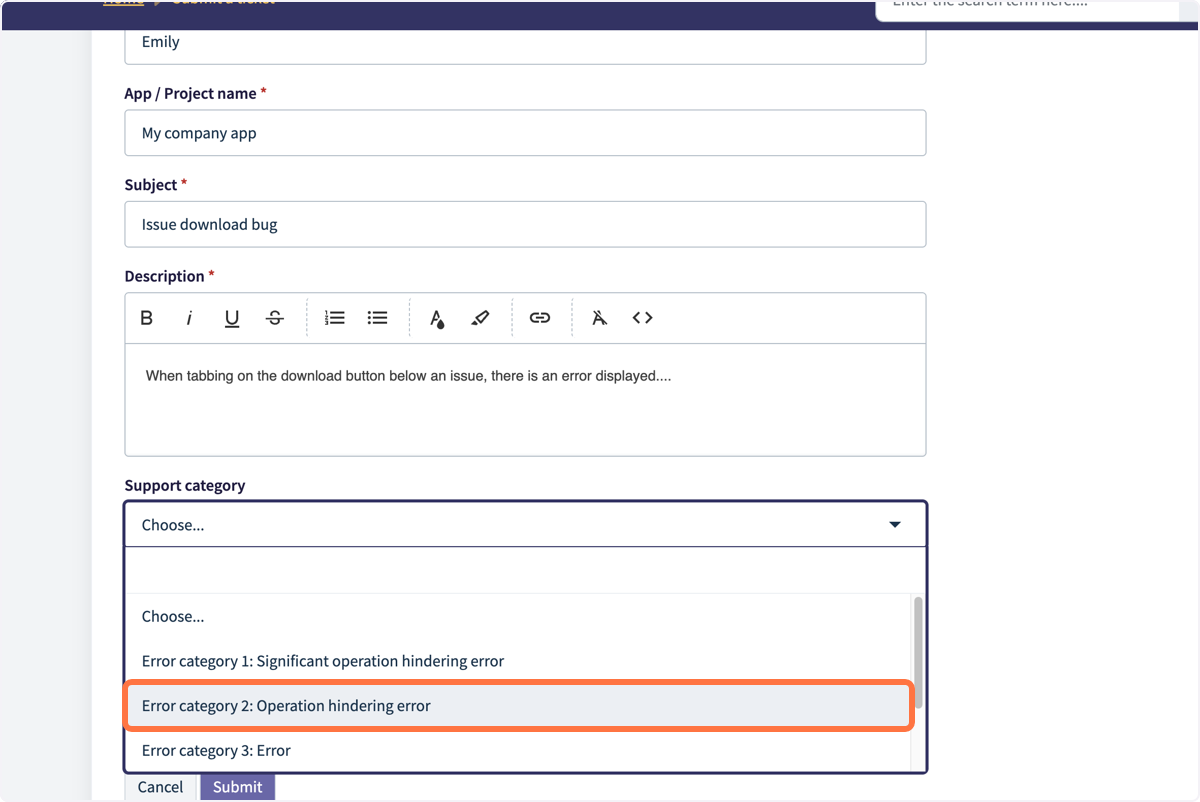 select the error category select the error category