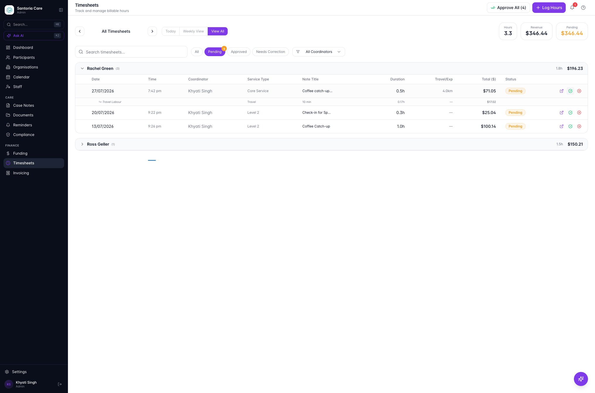 Click the green tick icon to approve Billable Case Notes for the Invoice