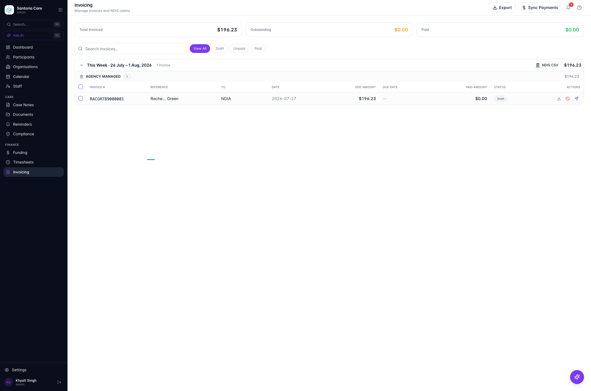 Navigate to the Invoicing tab — your approved Timesheet automatically generates an Invoice