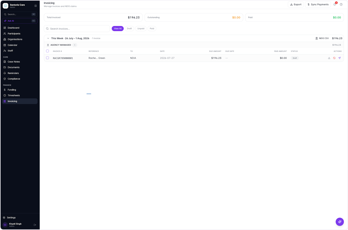 Navigate to the Invoicing tab — your approved Timesheet automatically generates an Invoice