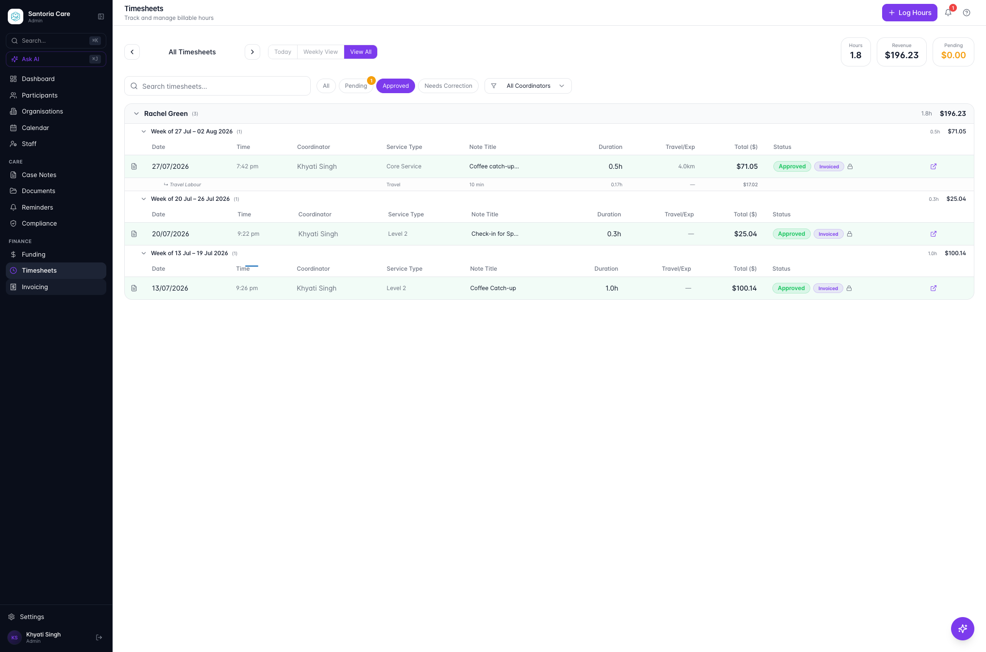 Once approved, your newly created timesheets will appear highlighted green