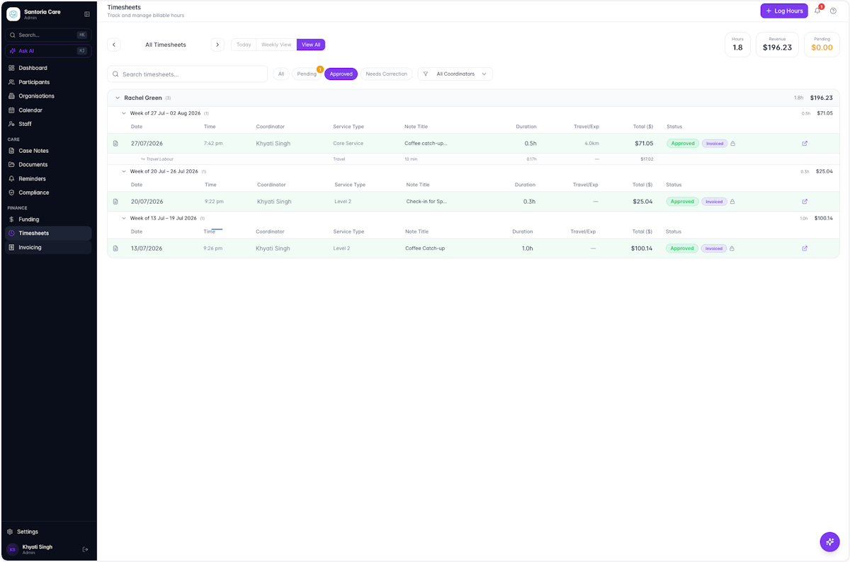 Once approved, your newly created timesheets will appear highlighted green