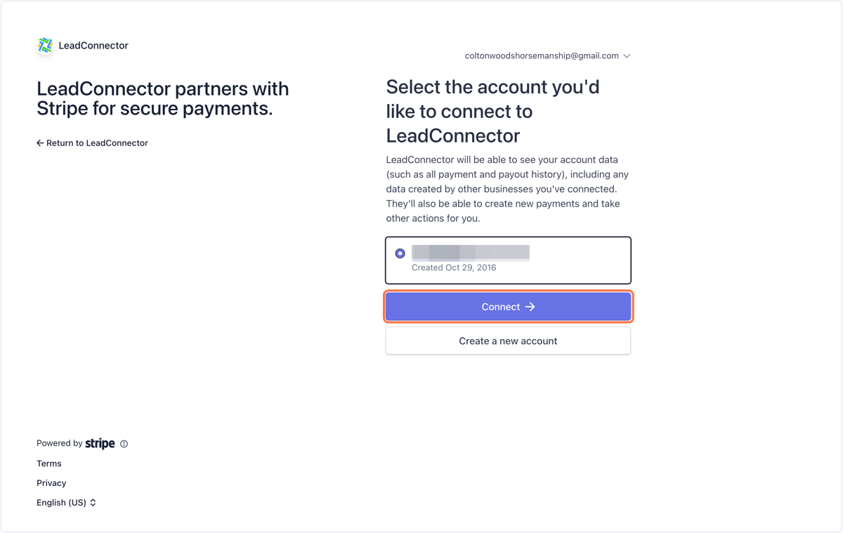 Select Your Stripe Account and Click on Connect