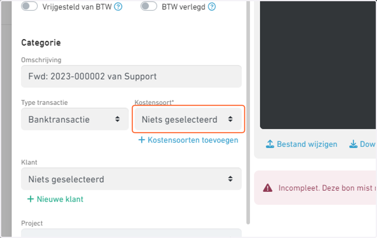 Selecteer een kostensoort om aan jouw bon toe te voegen en vul de andere velden in.