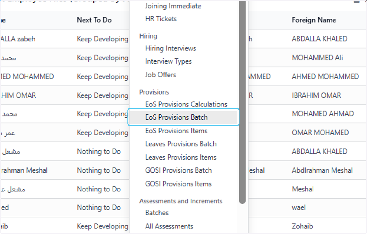 Click on EoS Provisions Batch