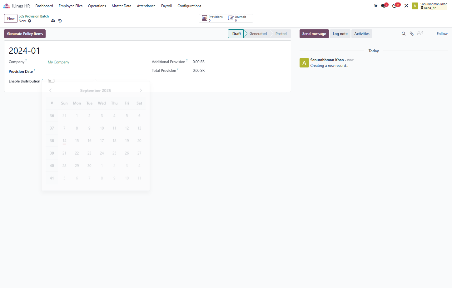 Click on Provision Date? and you create provision according to Monthly, Quaterly, Yearly , Or according to your custom date