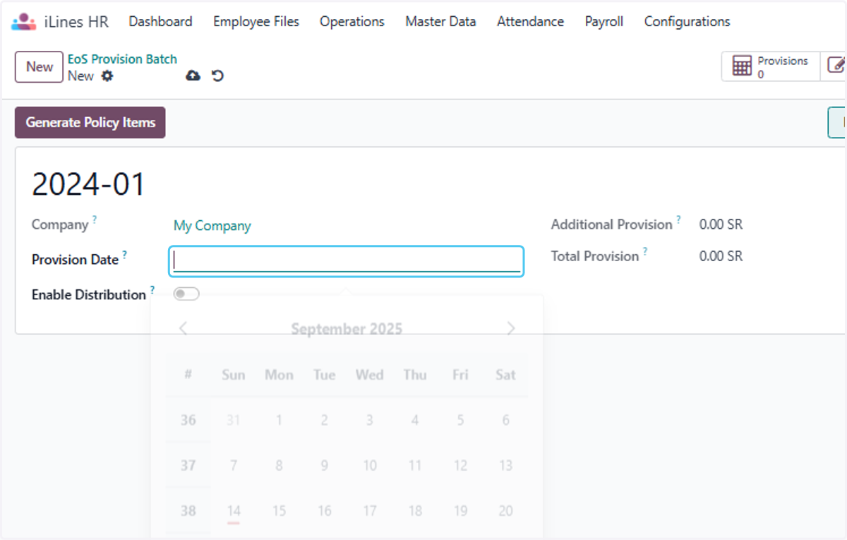 Click on Provision Date? and you create provision according to Monthly, Quaterly, Yearly , Or according to your custom date