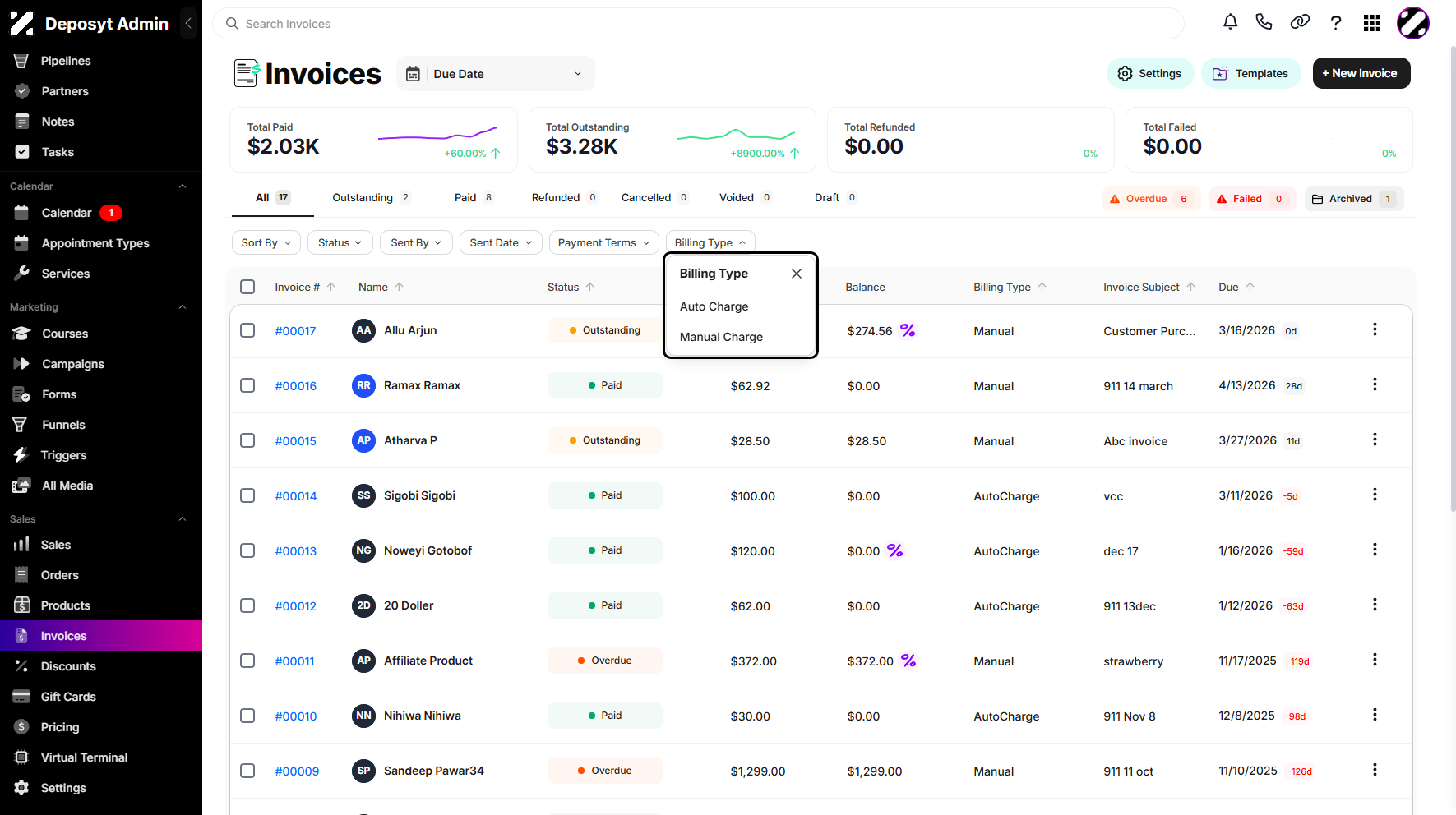 Step 8: Lastly, the Billing Type dropdown menu allows you to filter invoices by Auto Charge or Manual Charge.