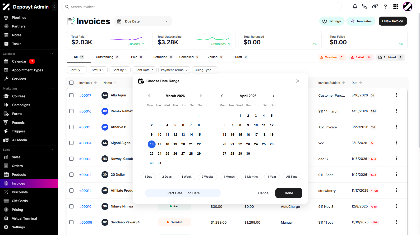 Step 6: A Date Range filtering option is also available for invoices.