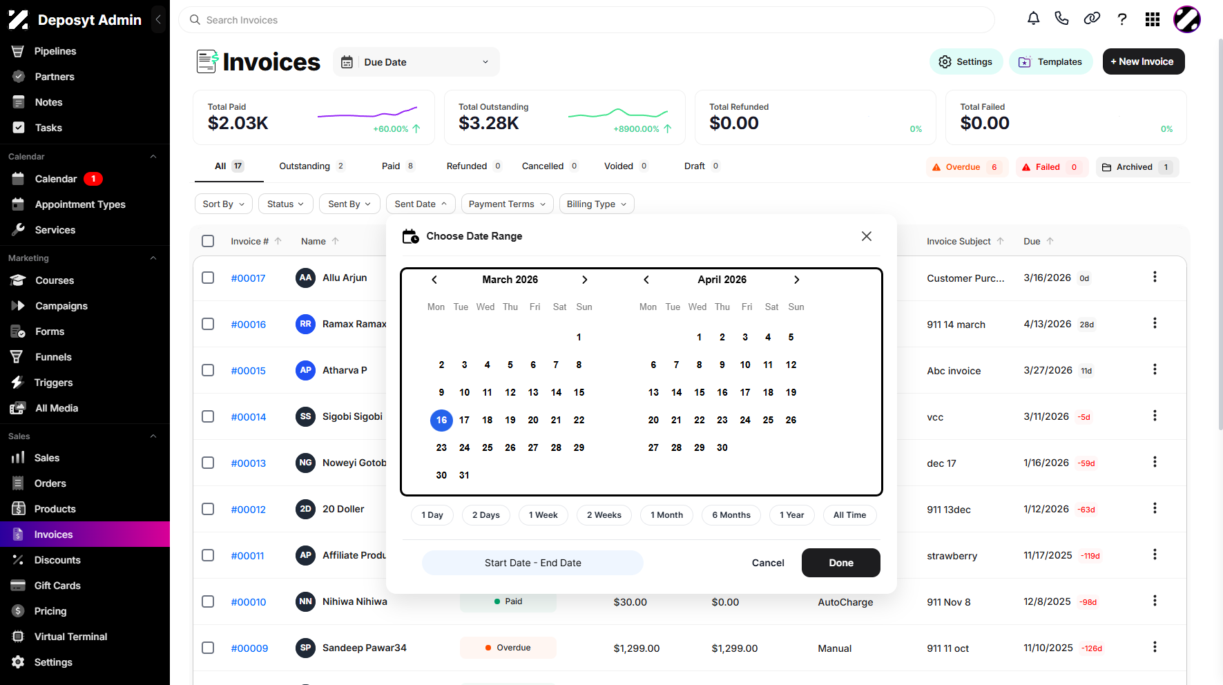 Step 6: A Date Range filtering option is also available for invoices.