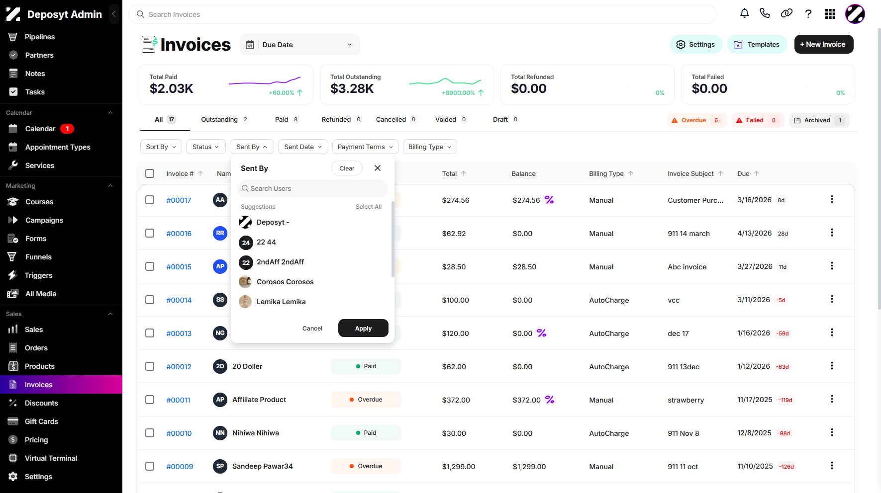 Step 5: You can also filter invoices using the Sent By dropdown menu.