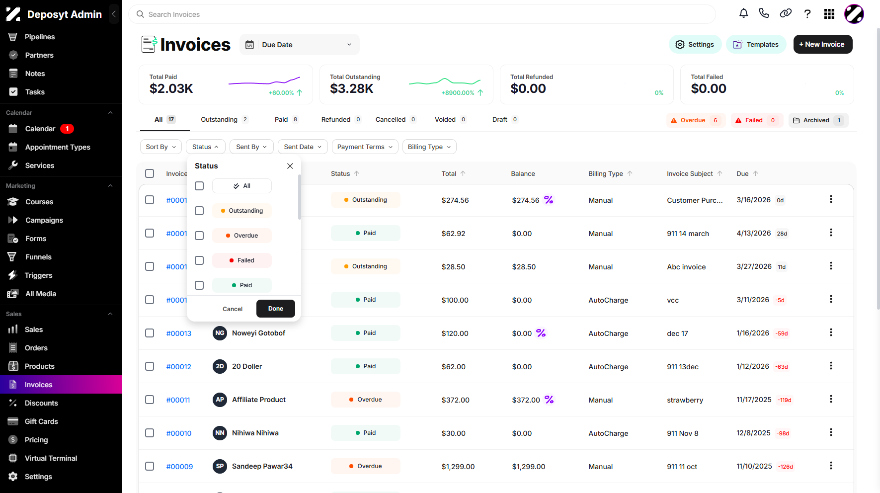 Step 4: You can filter your invoices by Status. Simply click it and click Done to apply.