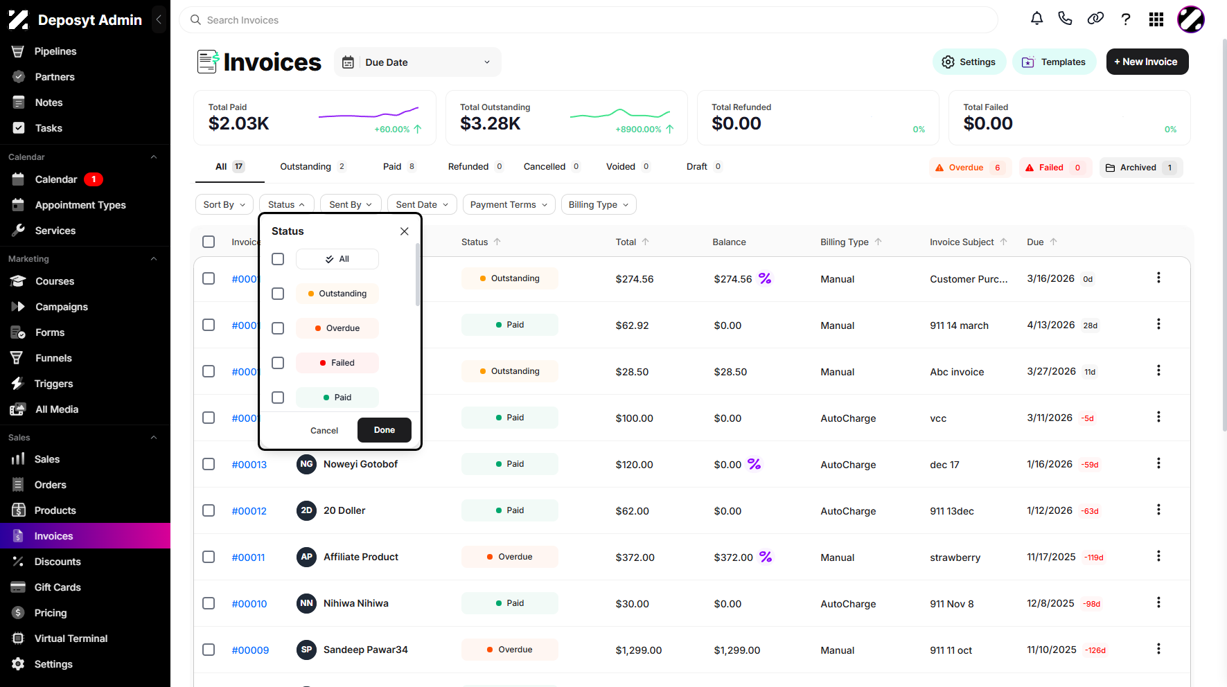 Step 4: You can filter your invoices by Status. Simply click it and click Done to apply.
