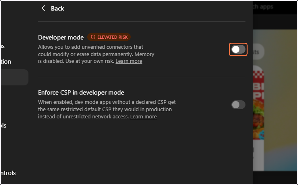 Click on Allows you to add unverified connectors that could modify or erase data permanently. Memory is disabled. Use at your own risk. Learn more