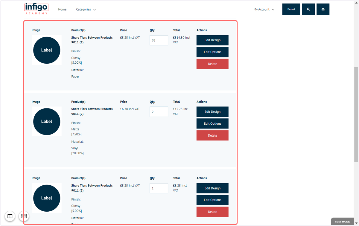 As the product attributes don't match between the product instances, they are not considered grouped. As a result, even though the total quantity of this product is within the next pricing tier, it is not considered as such. The pricing does not chan