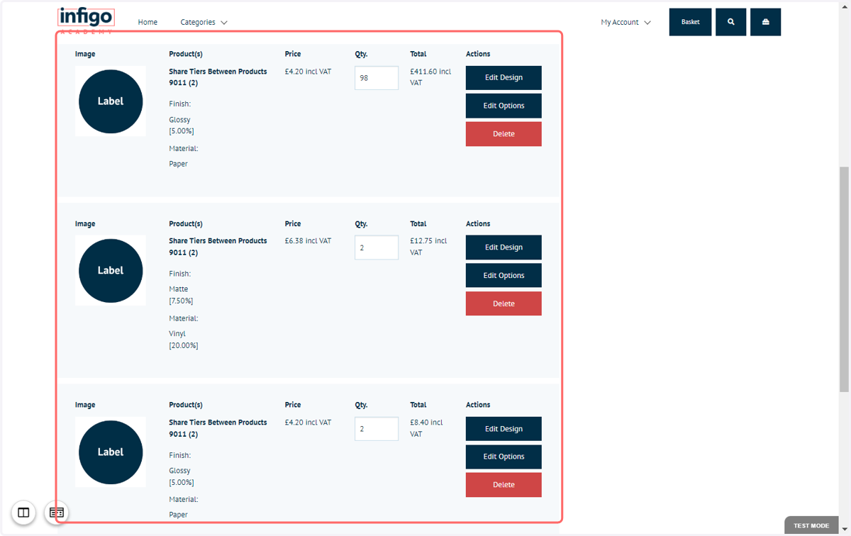 As these matching product instances now have a total quantity over 100, it is within our next pricing tier and the price per unit is updated accordingly.