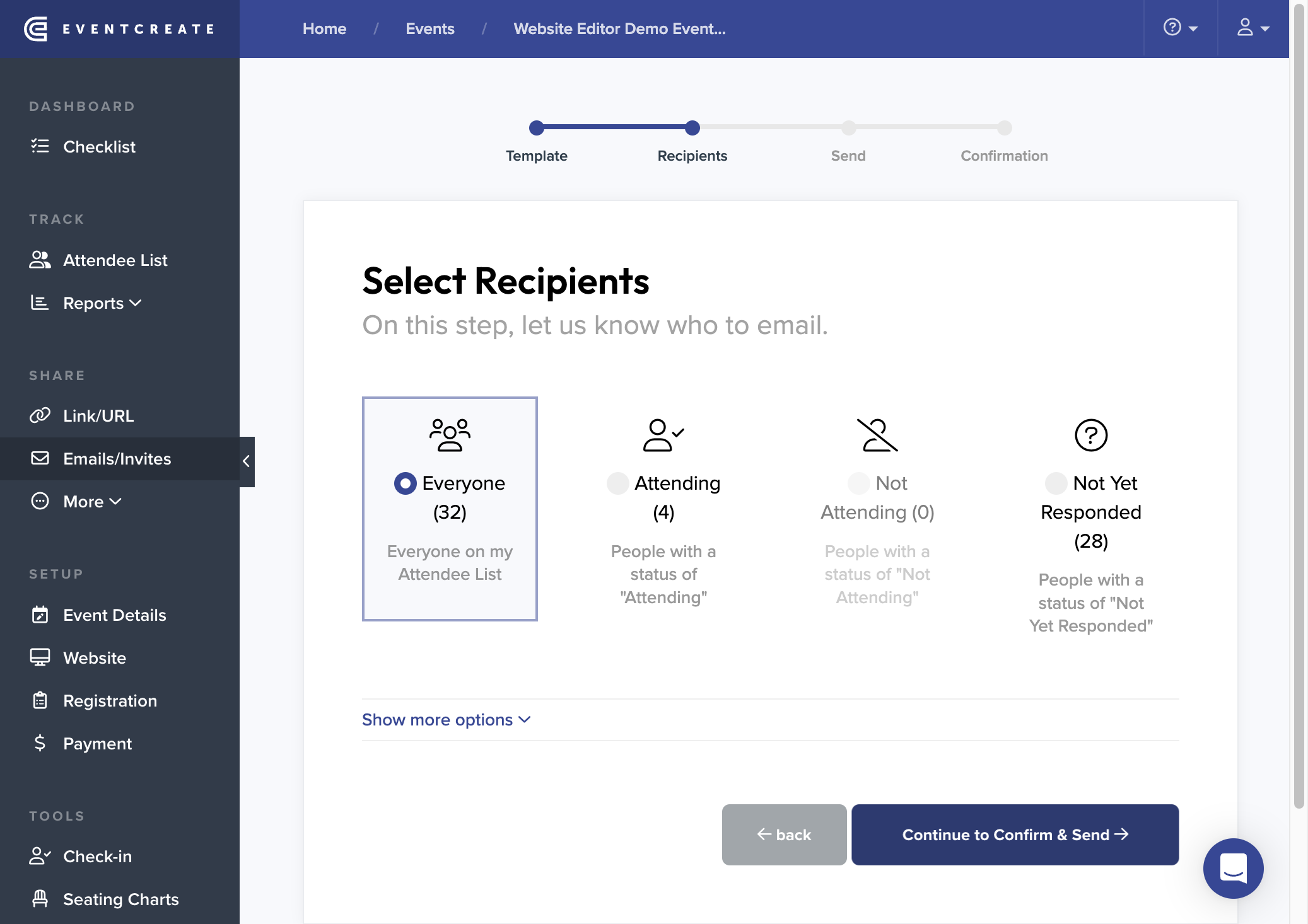 Select your invitees and click on Continue to Confirm & Send