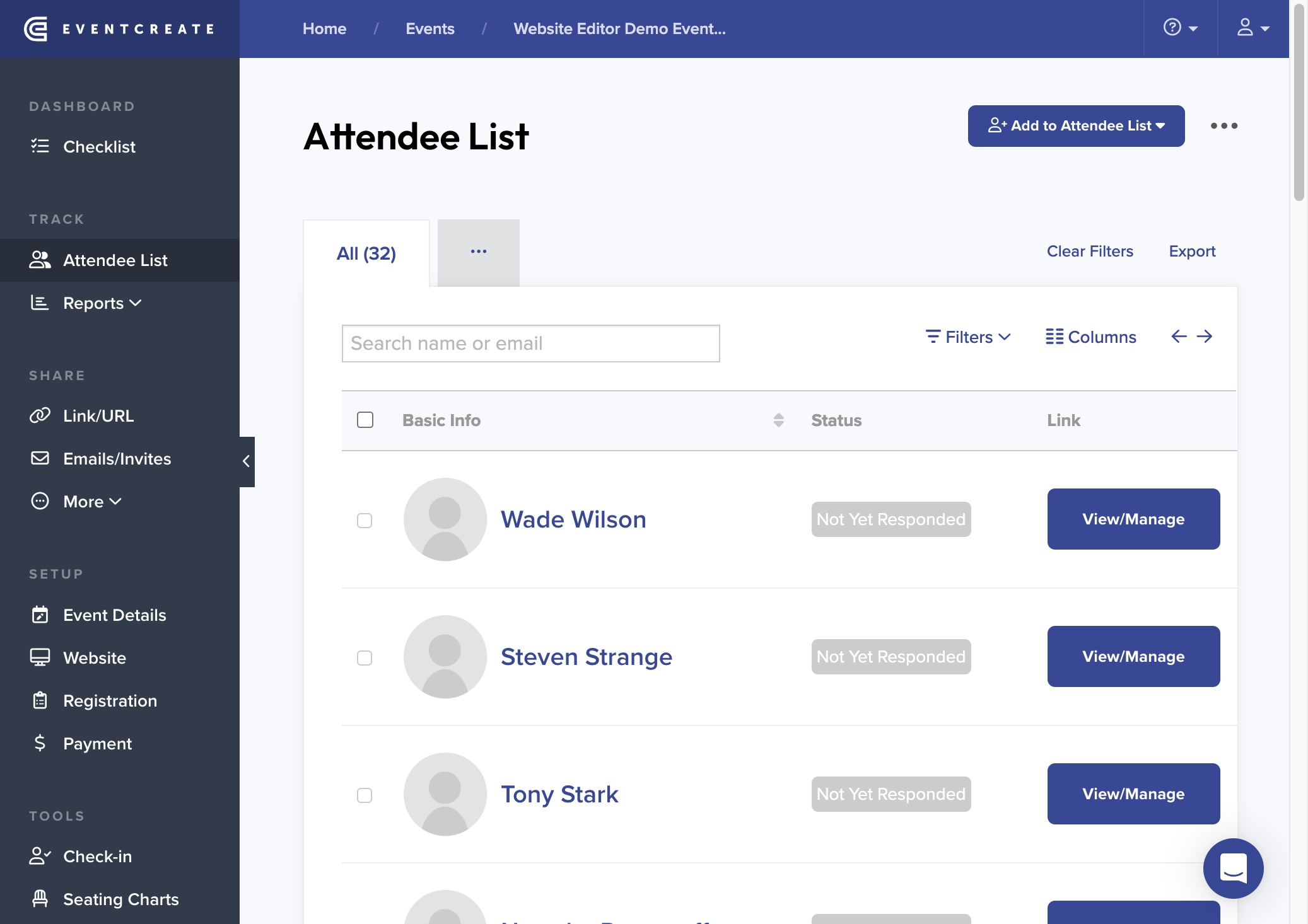 Click on ... button to see all Attendee List statuses