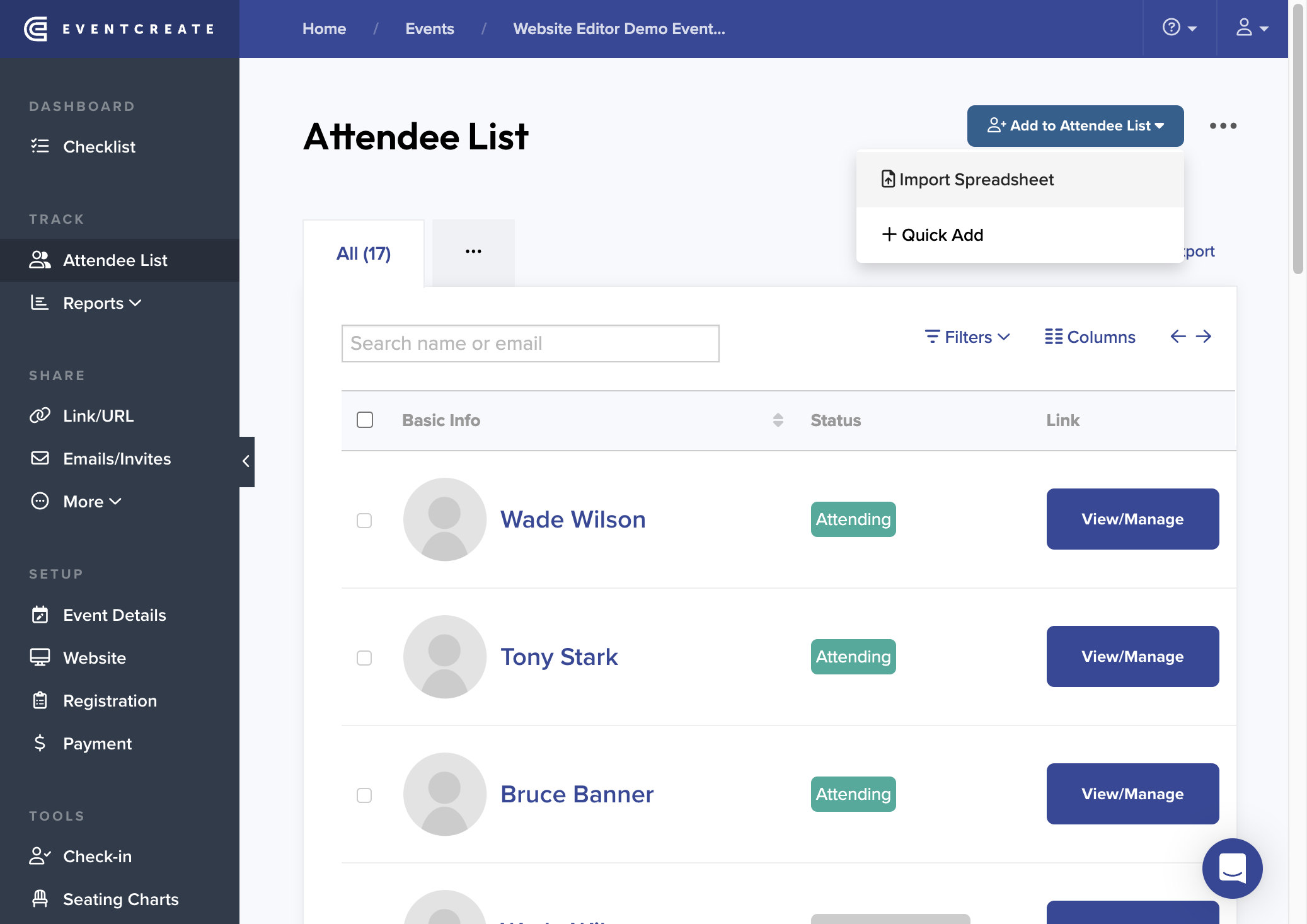Click on Import Spreadsheet (good for a large mailing list) or Quick Add (good for a small mailing list)