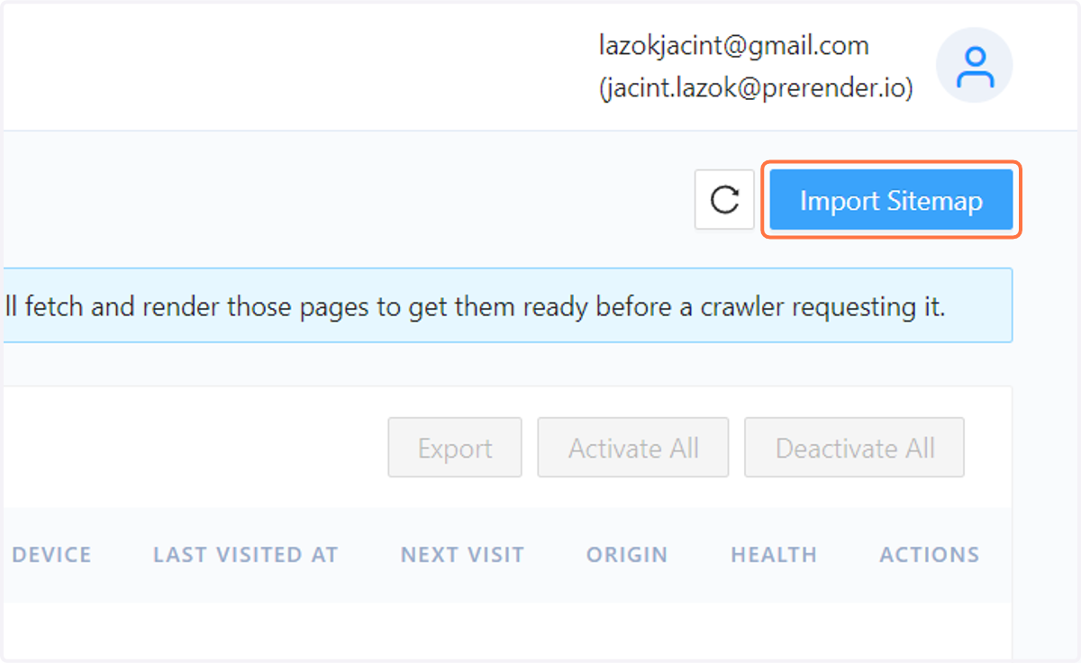 Click on the Import Sitemap button at the top right corner