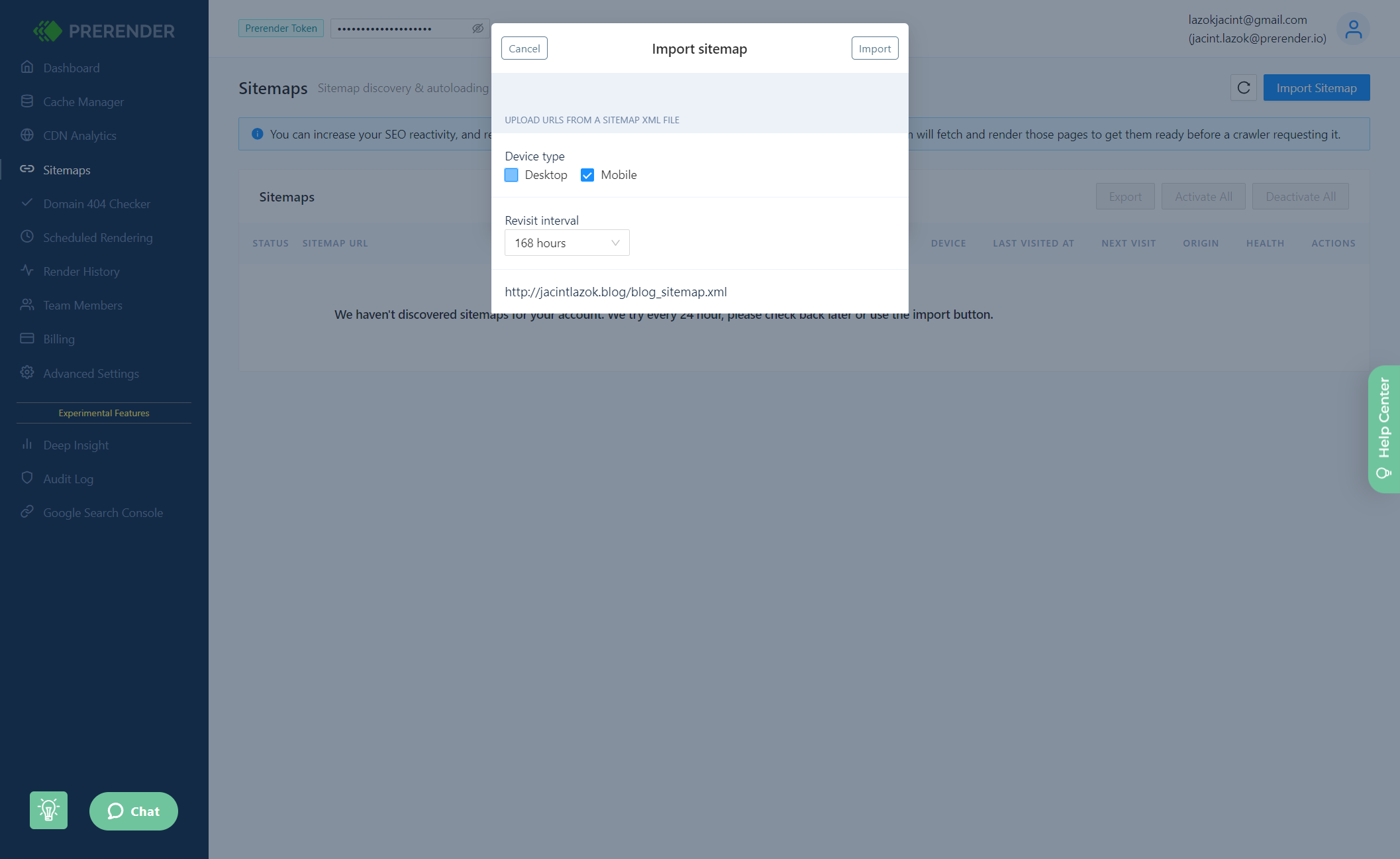 Select the rendering devices for the URLs on the sitemap