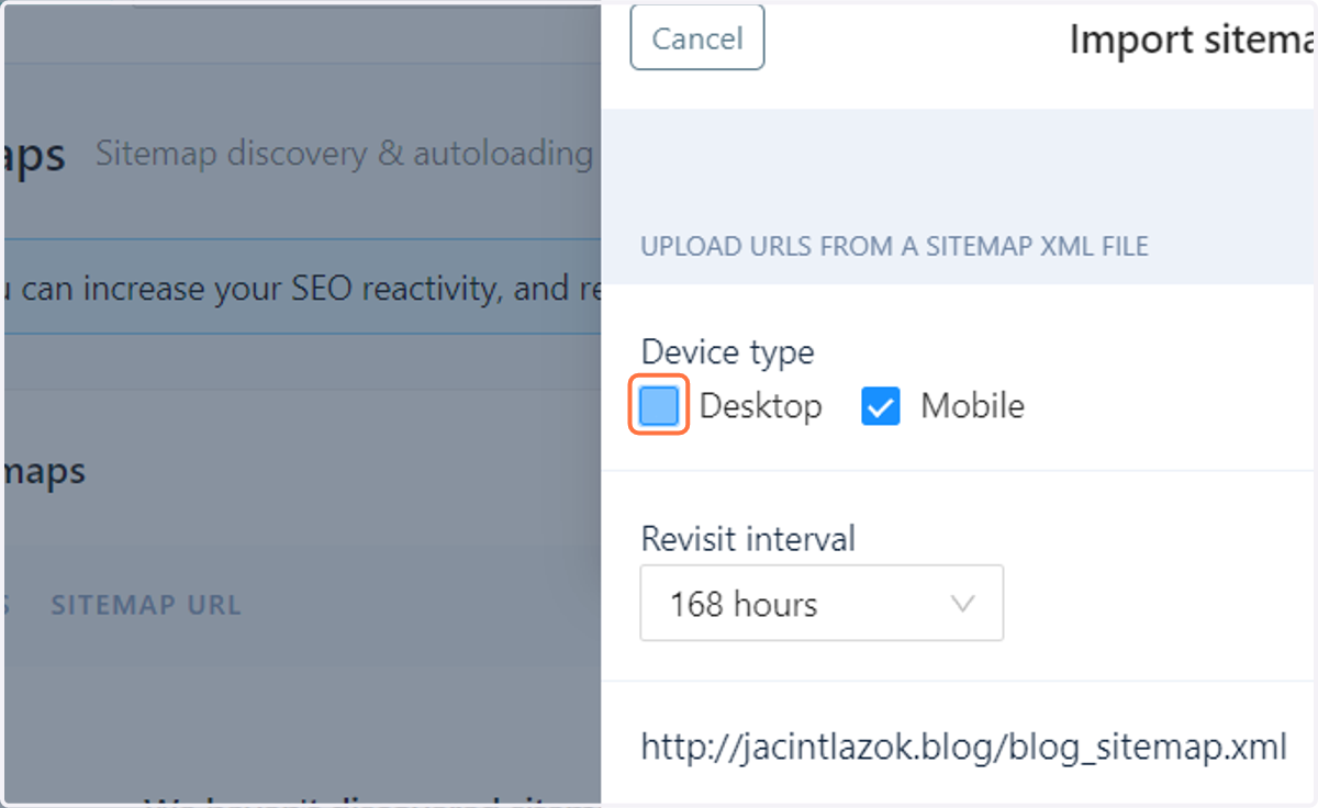 Select the rendering devices for the URLs on the sitemap
