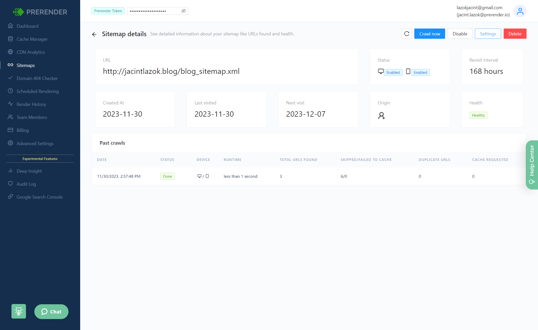 You can change the crawling settings for the sitemap with the Settings button