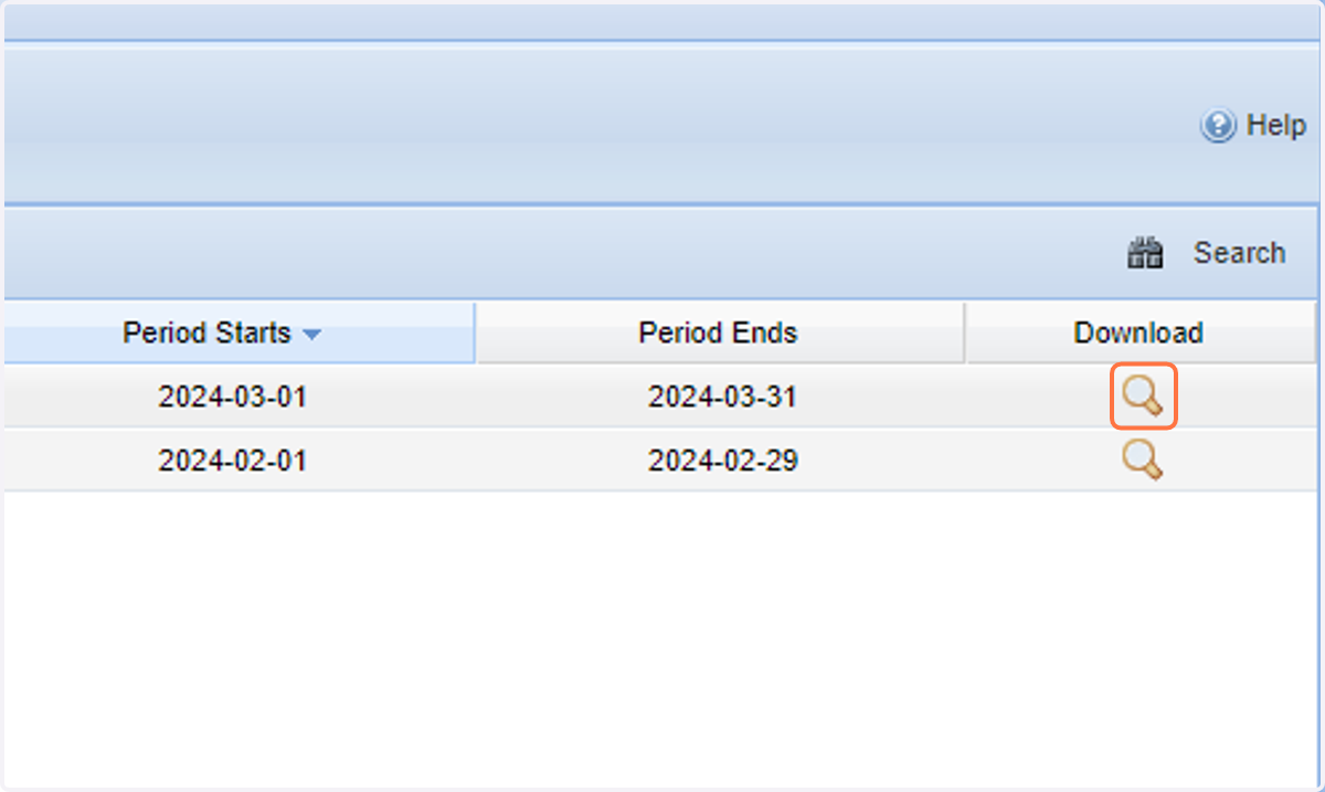 This will show you the reports available. Click on the magnifying glass icon to download the report.