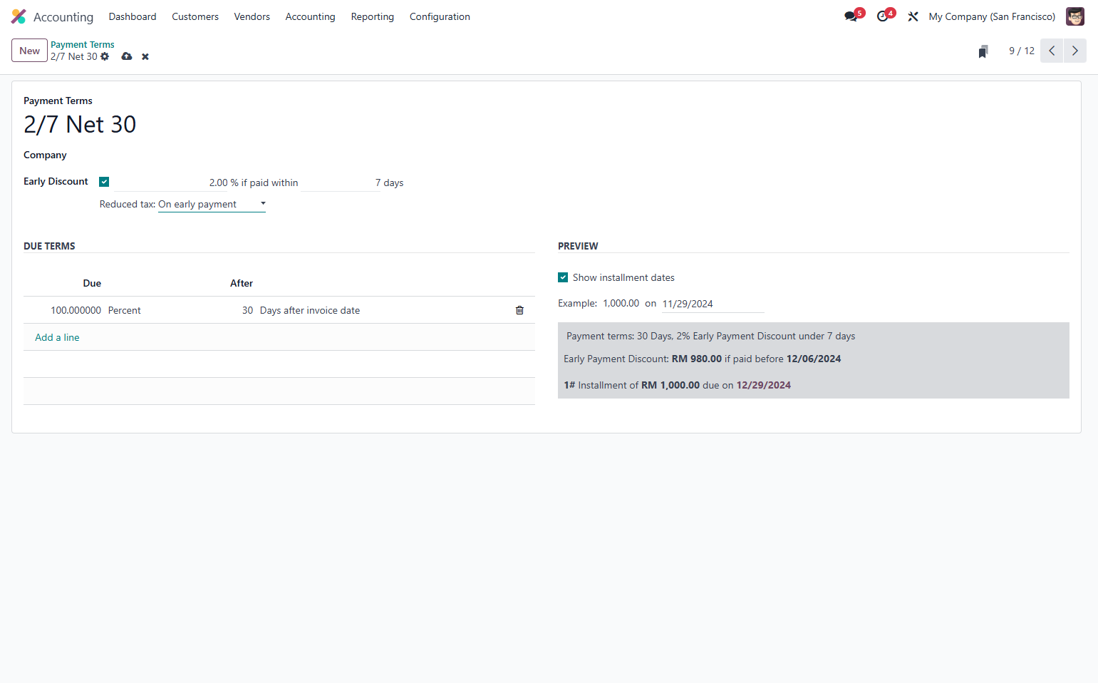 Select "On early payment" for Reduced tax if it applies. Otherwise set to Never